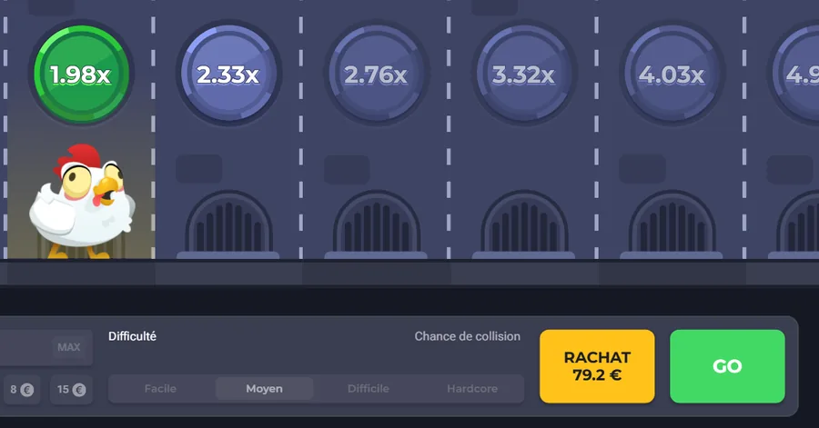 Chicken Road en démo, niveau Moyen : la poule sur la case 1,98x, bouton Rachat à 79,20 € à côté du bouton GO