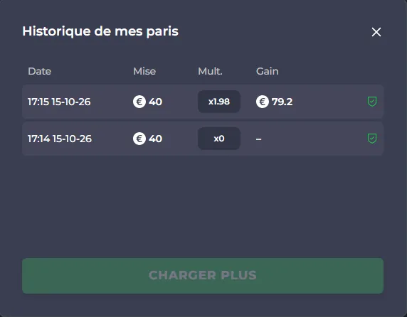 Historique de mes paris dans Chicken Road : une manche gagnée à x1,98 pour 79,20 € et une manche perdue à x0